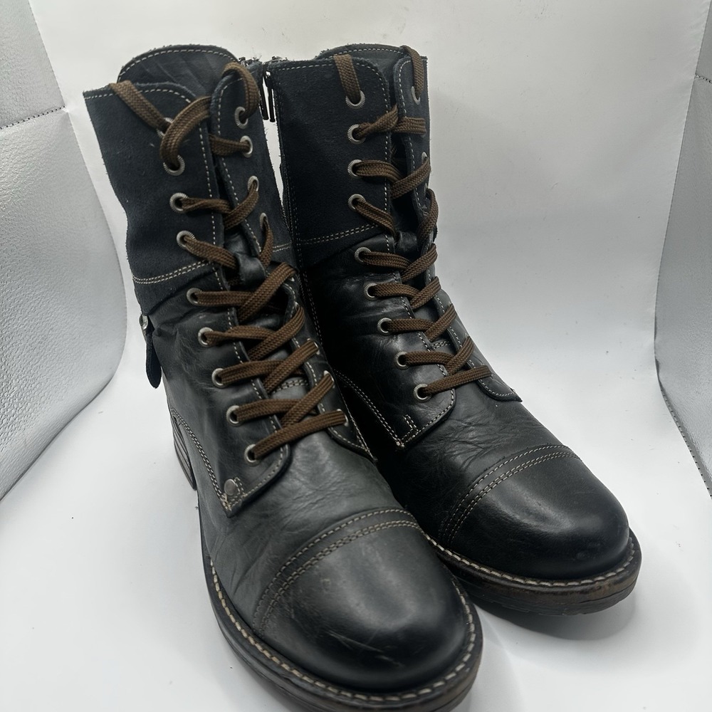 Taos Crave Black Leather Suede Zip Tie Heel Boots Women's Size 39 US 8-8.5 EUC